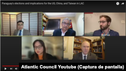 From left to right, from top, analysts Pepe Zhang, Fernando Masi, Lev Nachman, Victoria Chonn and Evan Ellis participate in the panel Elections in Paraguay and the implications for the US, China and Taiwan in Latin America and the Caribbean, organized by the Adrienne Arsht Latin America Center at the Atlantic Council, on April 28, 2023.