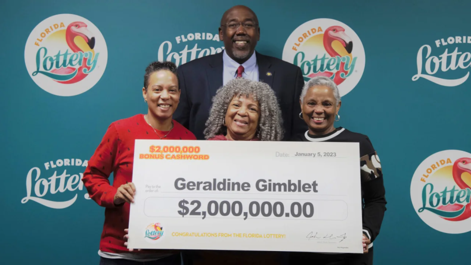 Geraldine Gimblet, center, won $2 million in the Florida Lottery after purchasing a $10 Scratch-Off ticket. (Credit: Florida Lottery)