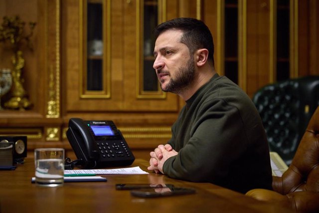 File - President of Ukraine Volodymyr Zelensky talking on the phone