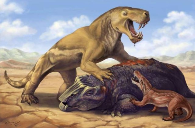 Giant Gorgonopsian Inostrancevia with its dicynodont prey, scaring away the much smaller African species Cyonosaurus.