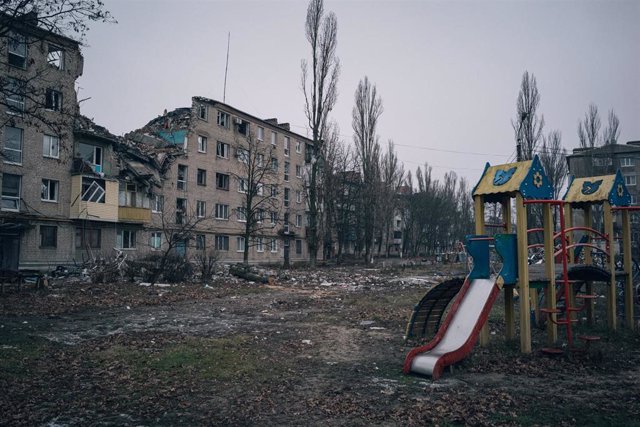 File - Archival image of a bombed-out building in the Ukrainian city of Bakhmut