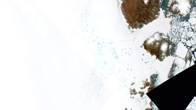 Brilliant blue pools of meltwater dot the ice of northeast Greenland in this Sentinel-2 satellite image from August 2019.