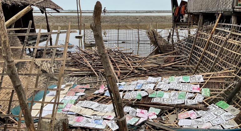 A shelter destroyed by Cyclone Mocha in the Nget Chaung 2 IDP camp, Rakhine State, Myanmar.