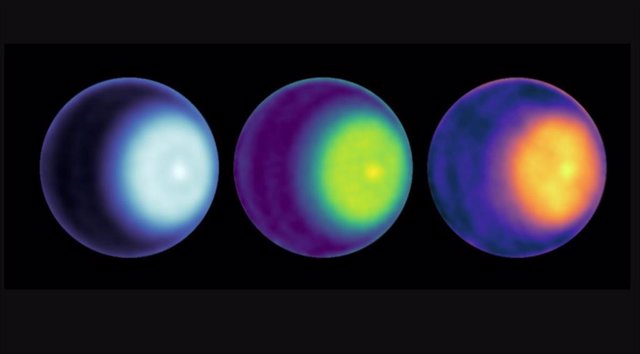 NASA scientists used microwave observations to detect the first polar cyclone on Uranus, seen here as a light-colored dot to the right of center in each image of the planet.