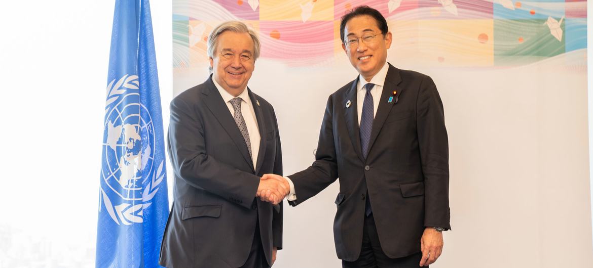 United Nations Secretary General António Guterres meets with Fumio Kishida, Prime Minister of Japan, at the 2023 Hiroshima G7 Summit.