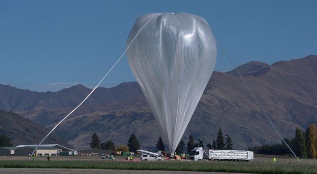 A partially inflated superpressure balloon as it prepares for launch from Wanaka, New Zealand, on April 16, with the SuperBIT payload.