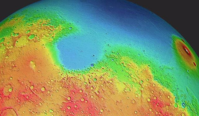 Mars is surprisingly dichotomous: lowlands (blue) dominate the northern hemisphere, while there are high plains in the south.