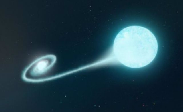 Artist's conception of the system that produced the supernova, in which a white dwarf star absorbs material from its companion star.