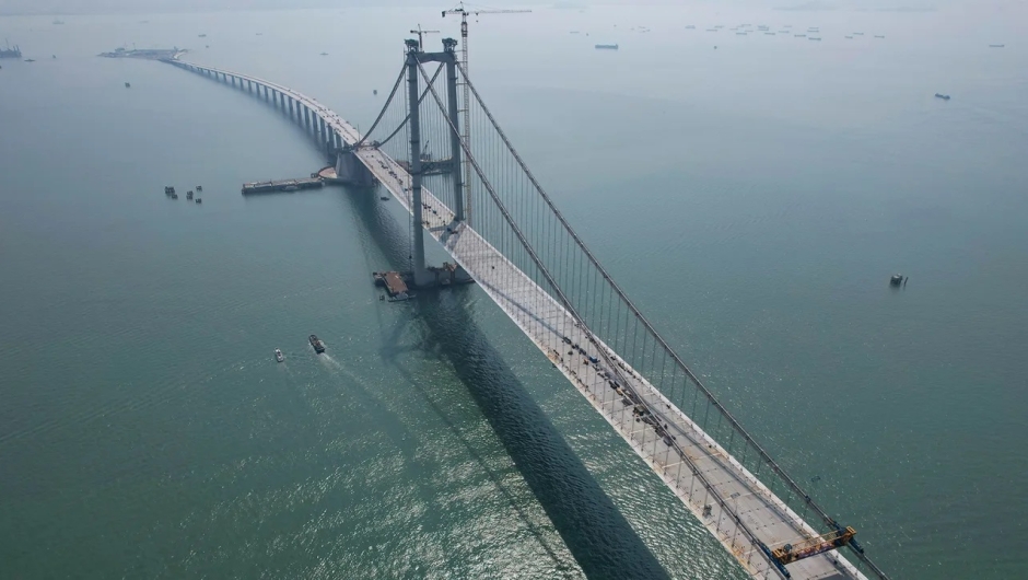 Aerial view of a section of the Shenzhen-Zhongshan Bridge on April 28, 2023 in Zhongshan, Guangdong province of China.