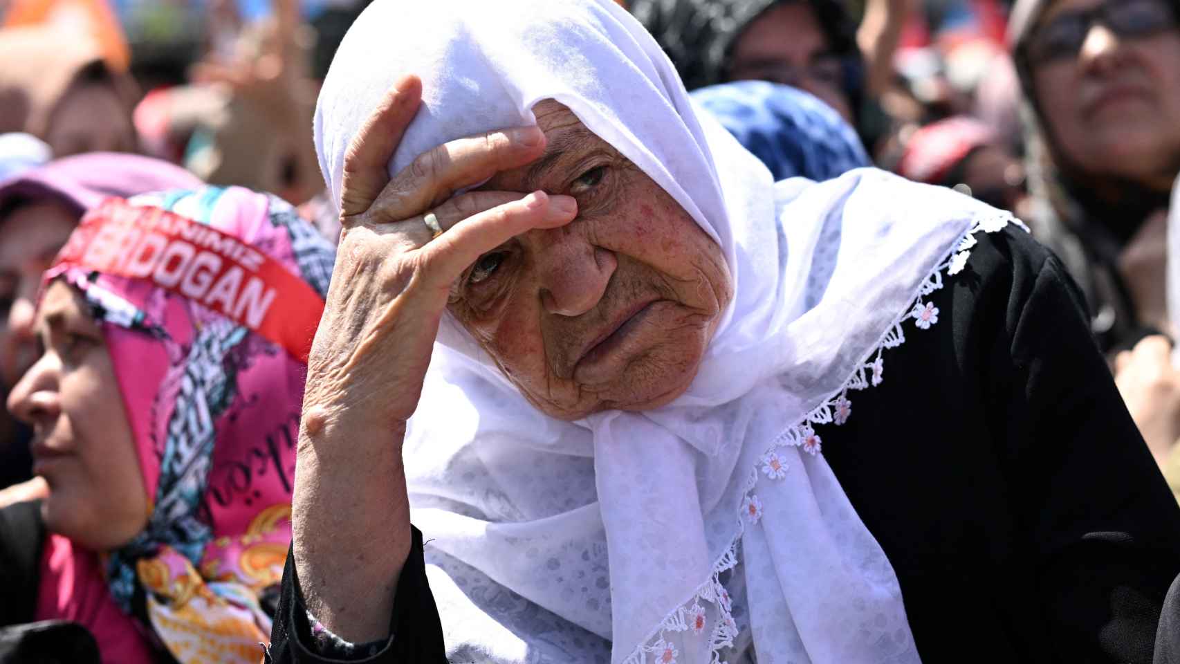 A woman reacts as Turkish President Tayyip Erdogan holds a rally in Istanbul, Turkey, on May 13, 2023.