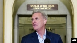 House Speaker Kevin McCarthy of California arrives to speak at a press conference after President Joe Biden and McCarthy reached a "agreement in principle" to resolve the looming debt crisis on Saturday, May 27, 2023, on Capitol Hill in Washington.  (AP Photo/Patrick Semansky)