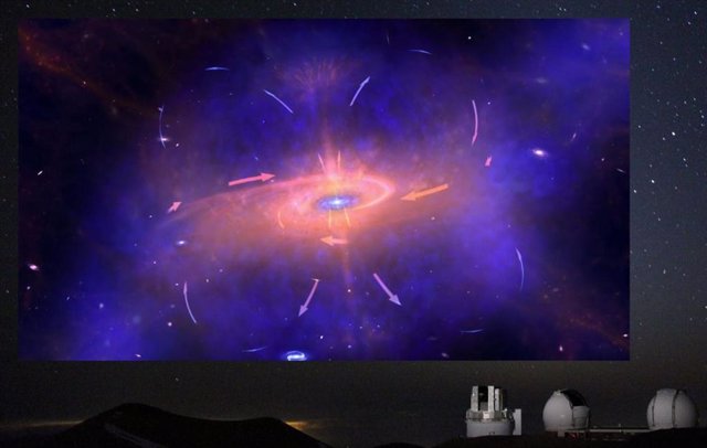 Conceptual image of an ancient massive galaxy that recycles gas to sustain its growth.  The background is an image of the Subaru and Keck telescopes.