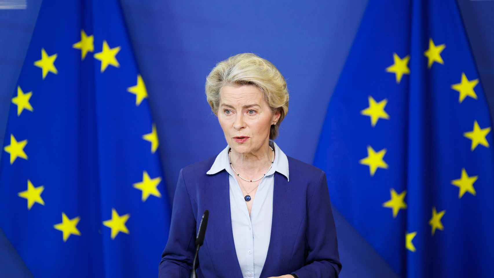 The president of the Commission, Ursula von der Leyen, during the press conference this Tuesday