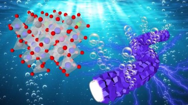 Oxygen bubbles developing from fibrous, interconnected catalyst particles (right) during electrocatalytic reaction with water.  Lattice structure for cobalt-based catalyst on the left.