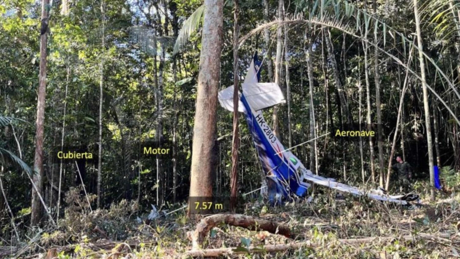 Photos of the crash site taken by investigators show the upraised tail of a blue-and-white-painted plane with a smashed front end.  (Credit: Accident Investigation Technical Directorate)