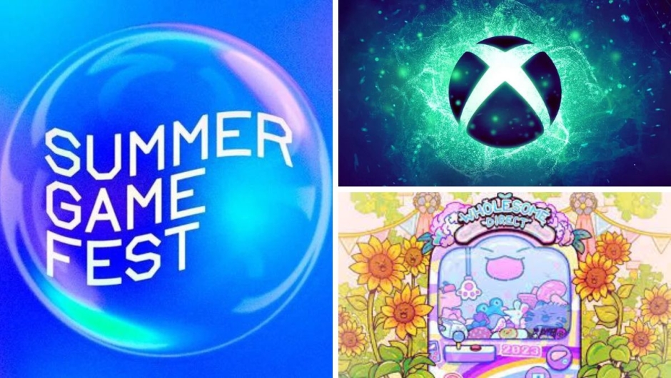 Logos of the Summer Game Fest, the Xbox Showcase and the Wholesome Direct