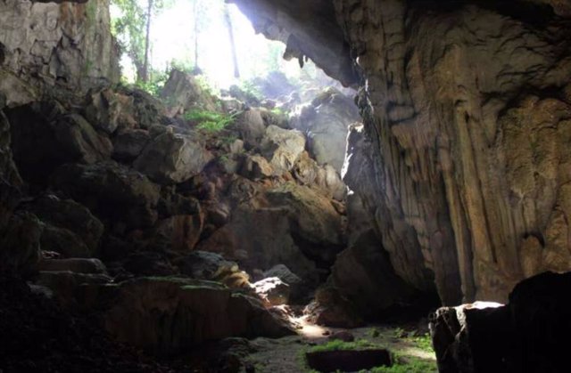 Looking towards the entrance of the Tam Pà Ling cave from the cave floor.  The excavation pit is to the left of this location.