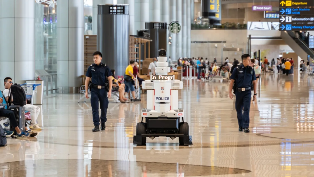 The robots patrol alongside frontline Singapore Police officers and serve as extra eyes on the ground.  (Credit: Ryan Quek/Singapore Police)