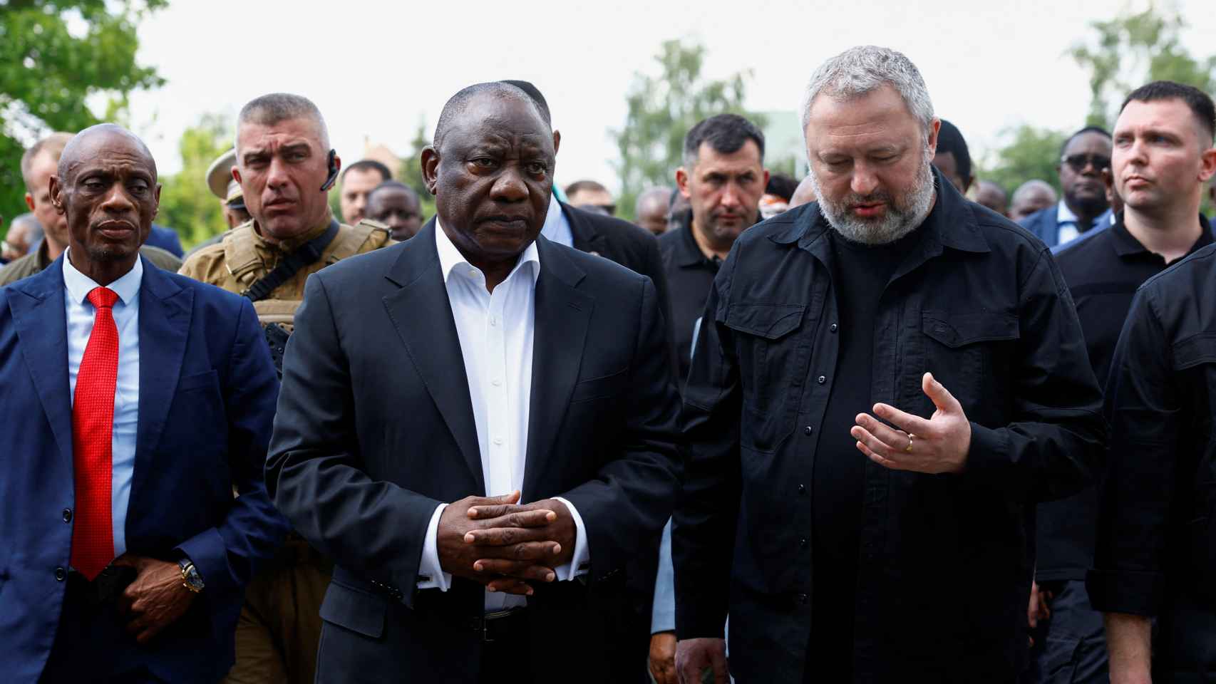 South African President Cyril Ramaphosa and Ukrainian Attorney General Andriy Kostin visit a mass grave in the town of Bucha.