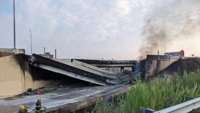 Section of highway collapses in Philadelphia after vehicle fire