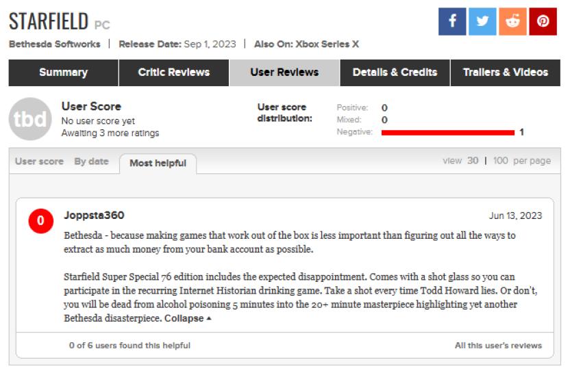 Starfield hasn't debuted yet, but a player already "reviewed" it and gave it 0 on Metacritic