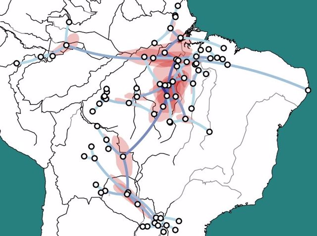 Model of geographic relationships and kinship of the Tupi-Guarani language family: light blue lines indicate kinship;  a darker color indicates earlier migration/separation.  The areas with an 80% probability of language separation, in red.