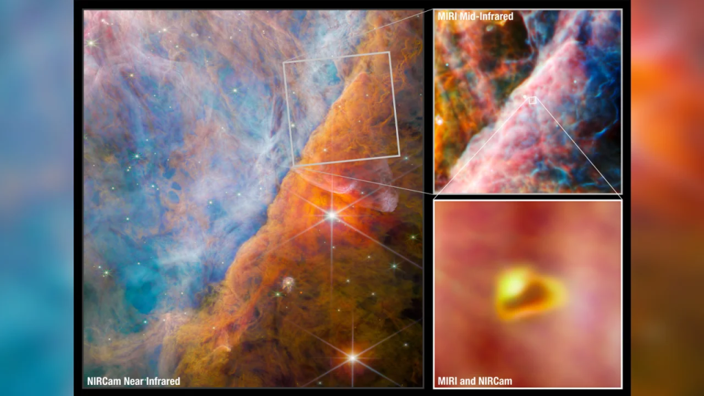 Images taken by the Webb telescope show a part of the Orion nebula known as the Orion Bar, where ultraviolet light interacts with dense clouds of molecules.  (Credit: ESA/Webb/NASA/CSA)