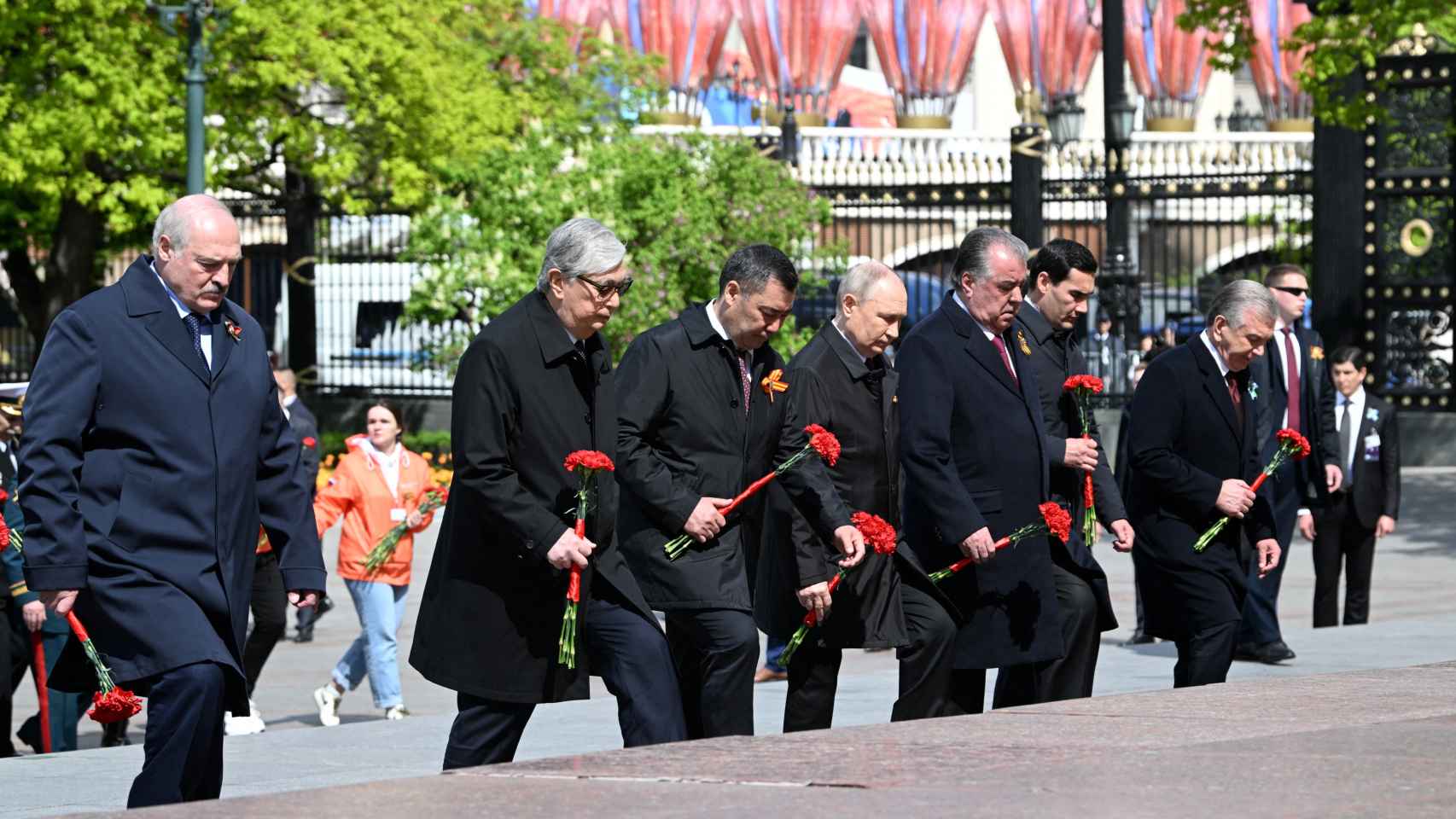 President of Belarus Alexander Lukashenko, President of Kazakhstan Kassym-Jomart Tokayev, President of Kyrgyzstan Sadyr Japarov, President of Russia Vladimir Putin, President of Tajikistan Emomali Rakhmon, President of Turkmenistan Serdar Berdymukhamedov, and Uzbekistan's President Shavkat Mirziyoyev take part in a flower-laying ceremony at the Tomb of the Unknown Soldier on Victory Day.