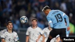 Luciano Rodriguez of Uruguay scores his first goal at the Diego Armando Maradona Stadium, La Plata, Argentina - June 11, 2023. REUTERS/Agustin Marcarian