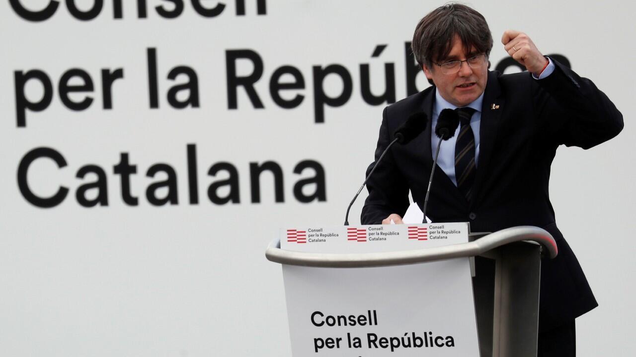 File-The former Catalan president, Carles Puigdemont, during his rally before 100,000 people in the Parc des Exposiciones, in the French town of Perpignan.  February 29, 2020