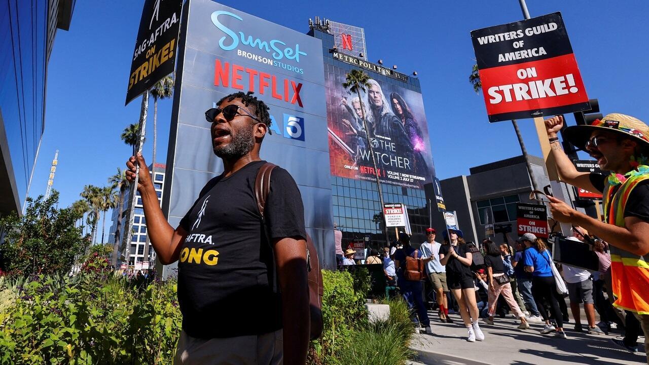 SAG-AFTRA actors attack Hollywood studios as they join the Writers Guild of America (WGA) outside the Netflix offices in Los Angeles, California, USA, on July 14, 2023.