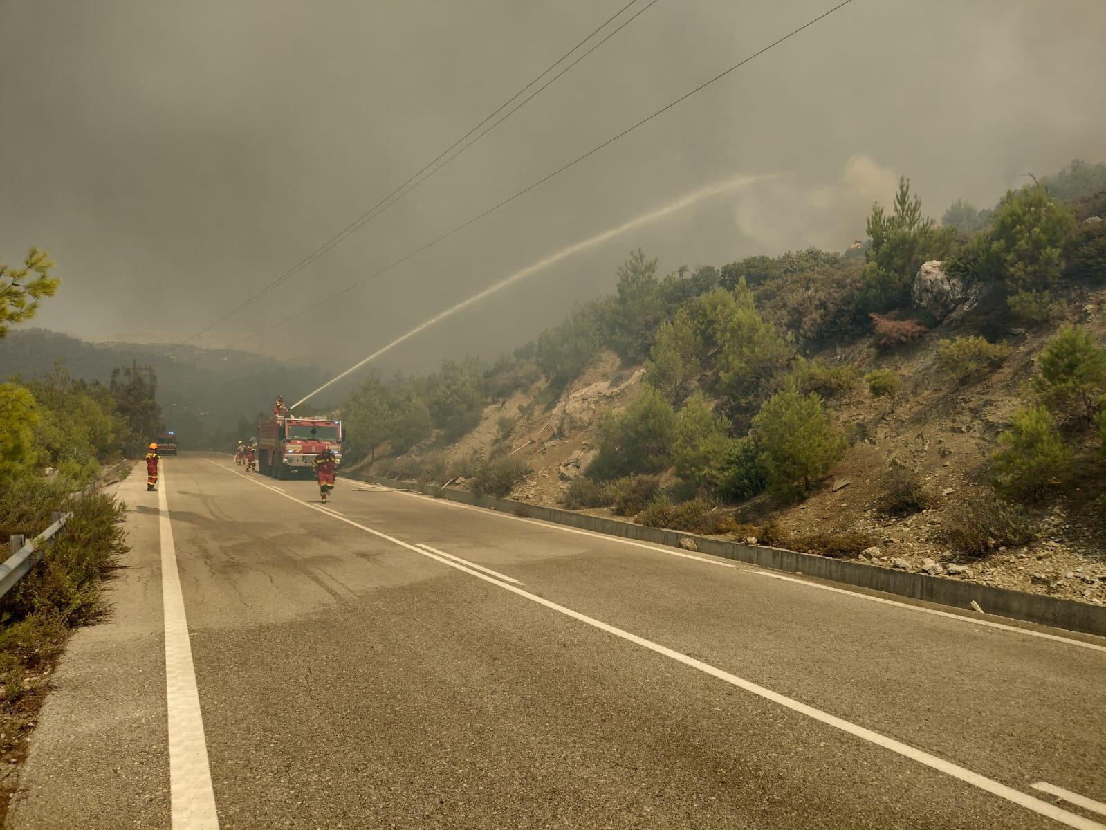 Firefighters try to extinguish a burning forest fire near Alaerma, on the island of Rhodes, Greece, July 22, 2023.