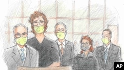 In this courtroom sketch, Patrick Crusius, second from left, appears in federal court accompanied by his legal team Joe Spencer, left, Mark Stevens, third from left, Rebecca Hudsmith, second from right, and Félix Valenzuela, on the right, on Wednesday, February 2.  On February 8, 2023, in El Paso, Texas.