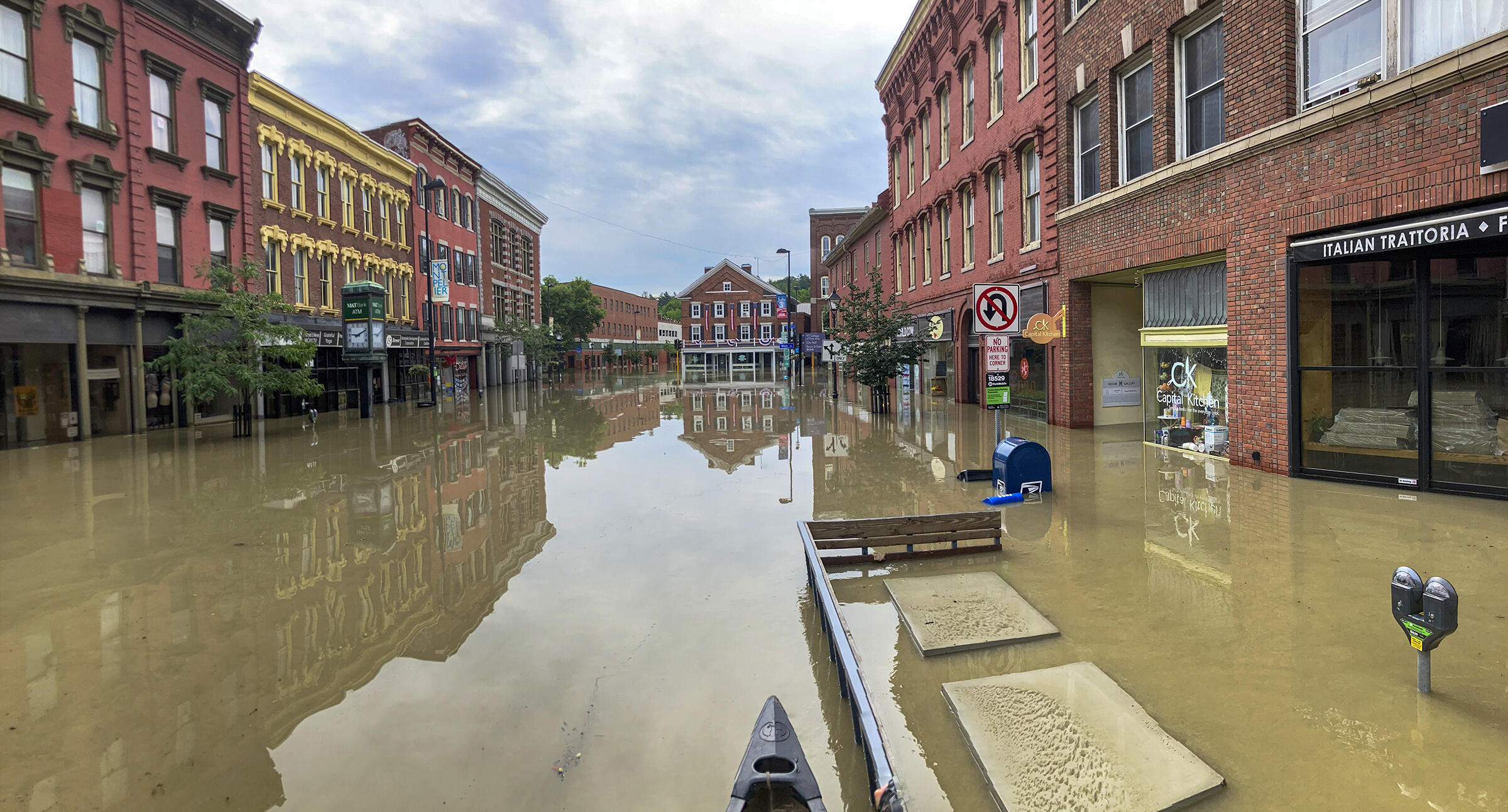 Downtown Montpelier, Vermont, was inundated with water and mud on Tuesday, July 11, 2023. Water filled the lower levels of most buildings, eventually rising above the tops of parking meters.