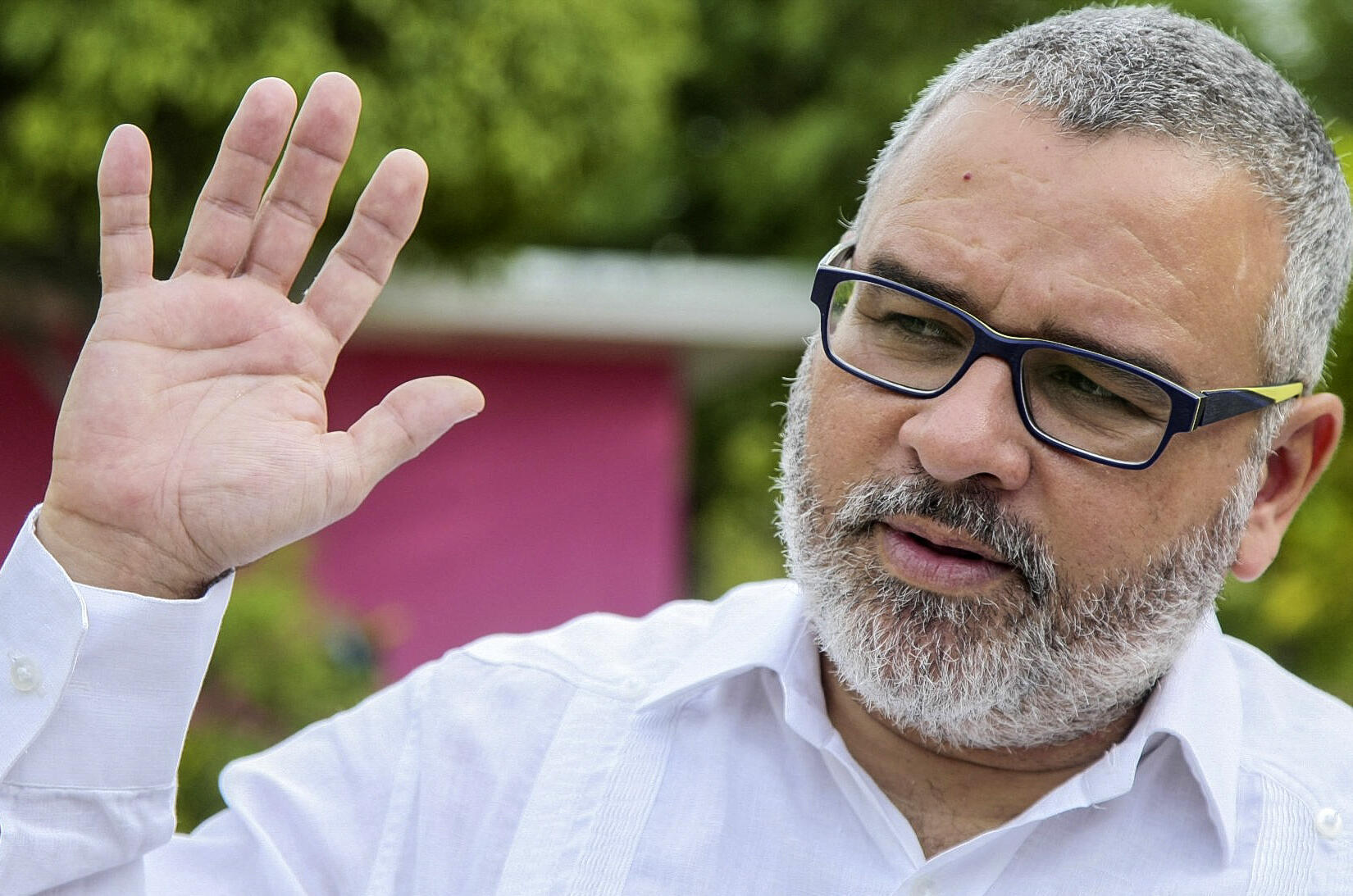 Image published by the Nicaraguan presidency showing the former president of Salvador, Mauricio Funes, giving an interview to the official local television channel.  According to the State Department, Funes