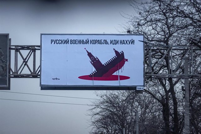 Archive - A poster in Ukrainian against Russian ships in Odessa