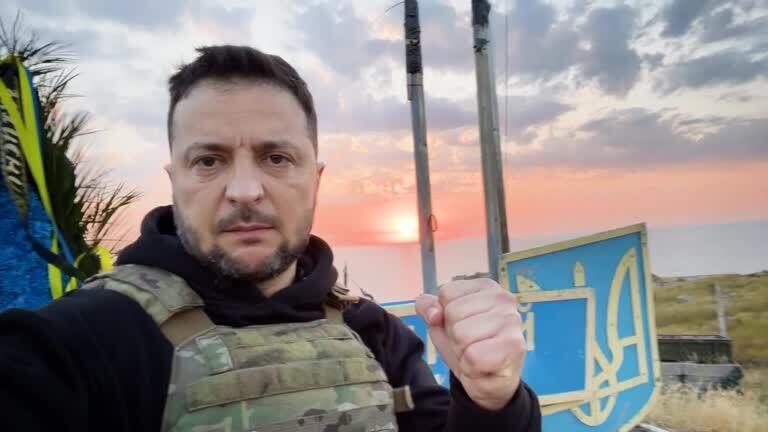 Ukrainian President Volodymyr Zelensky visits Snake Island as the war in Ukraine enters its 500th day on July 8, 2023.