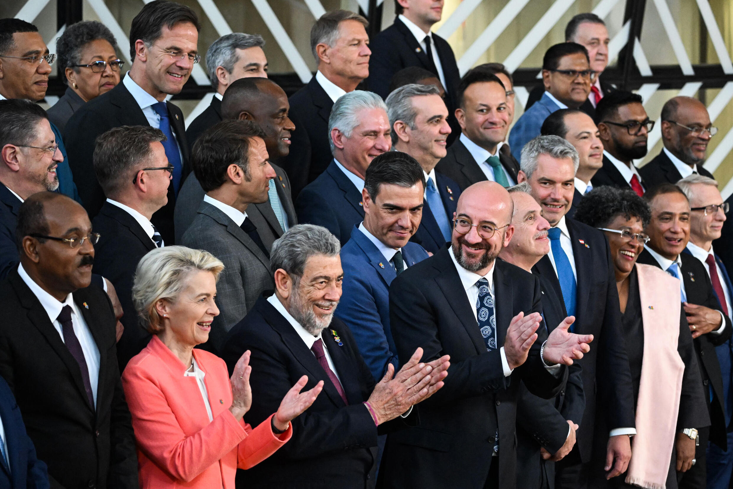 Officials pose for a family photo during the first day of the European Union-Community of Latin American and Caribbean States (EU-CELAC) Summit at the European Council building in Brussels on July 17, 2023.