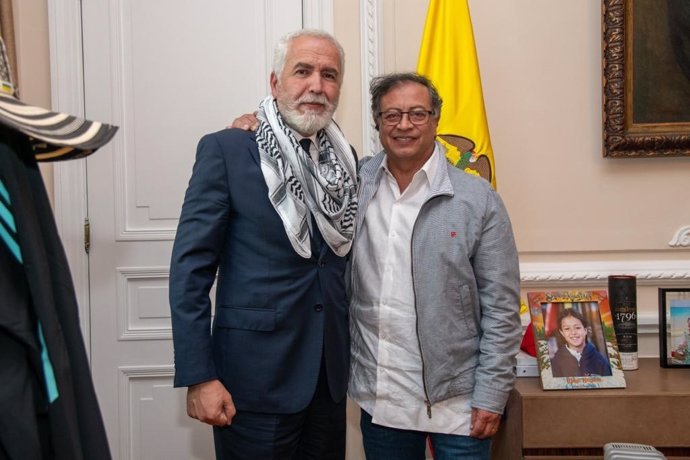 File - The president of Colombia, Gustavo Petro, with the ambassador of Palestine, Raouf Almalki