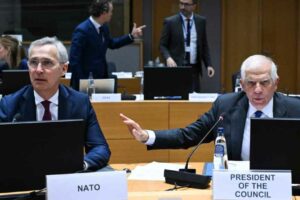 Jens Stoltenberg and Josep Borrell, during the meeting of EU Defense Ministers this Tuesday in Brussels