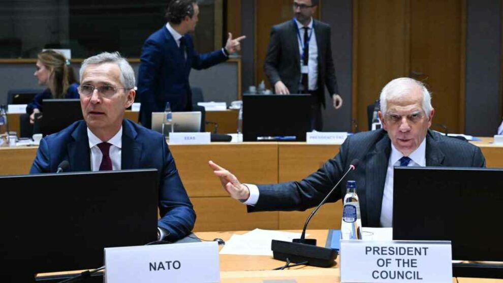 Jens Stoltenberg and Josep Borrell, during the meeting of EU Defense Ministers this Tuesday in Brussels