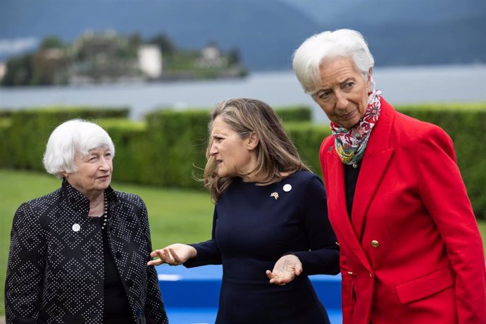 US Treasury Secretary Janet Yellen;  the Minister of Finance of Canada, Chrystia Freeland and the president of the European Central Bank, Christine Lagarde, at the G7 meeting in Stresa (Italy)