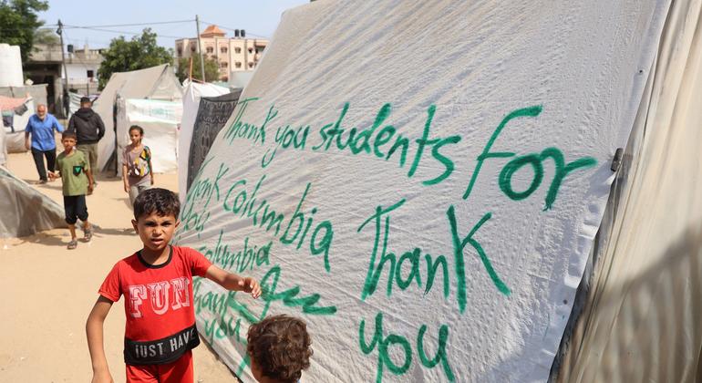 A message of thanks to students from around the world protesting against the events in Gaza is displayed in a tent in the south of the enclave.