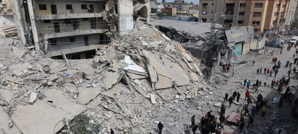 A block of flats in the Al-Shaboura neighborhood in the city of Rafah lies in ruins.