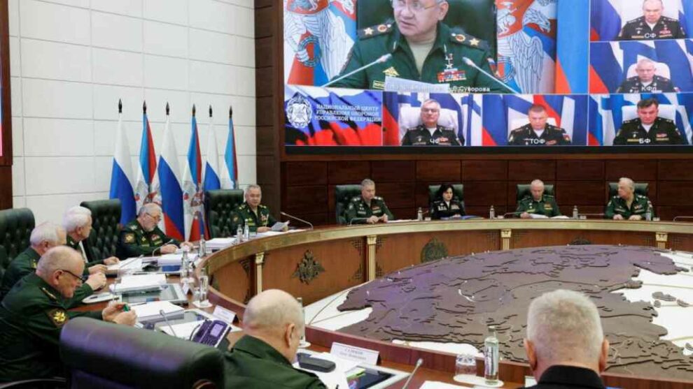 Russian Defense Minister Sergei Shoigu chairs a meeting with the leaders of the Armed Forces in Moscow,