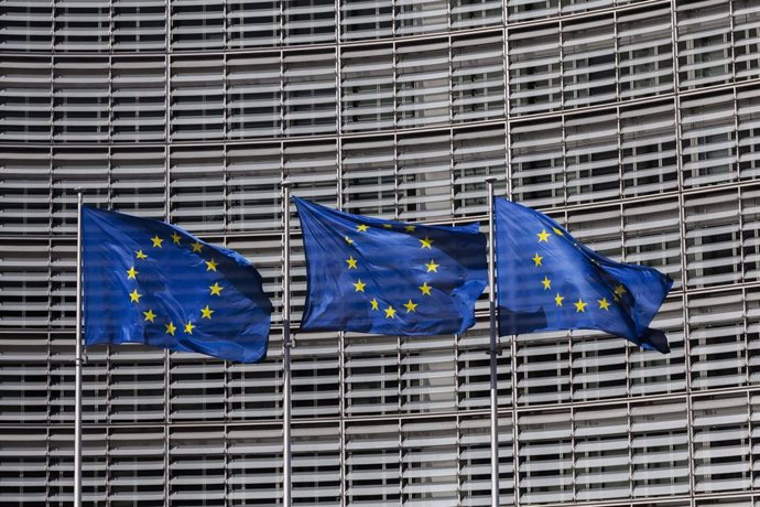 File - Stock image of EU flags.