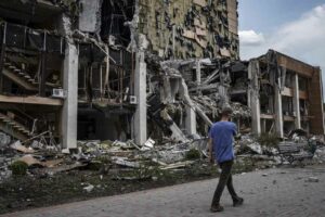 Remains of the Lozova House of Culture house in the Kharkiv region after being destroyed by a Russian missile