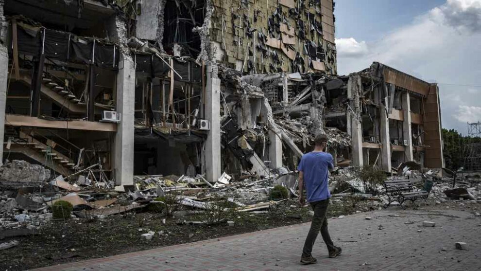 Remains of the Lozova House of Culture house in the Kharkiv region after being destroyed by a Russian missile