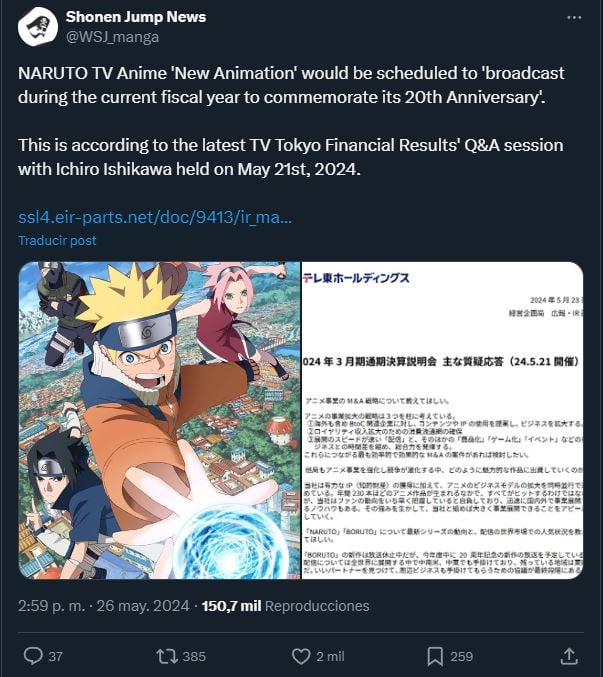 TV Tokyo's Ichiro Ishikawa revealed the release window for new Naruto episodes