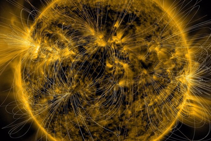 This illustration shows the sun's magnetic fields in an image captured by NASA's Solar Dynamics Observatory on March 12, 2016.